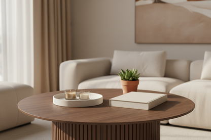 Luna Coffee Table close-up lifestyle — ceramic tray and candles