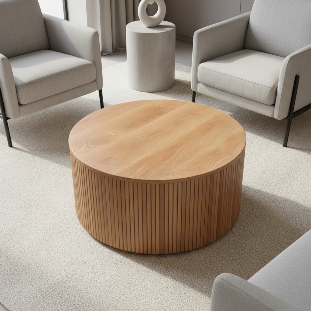 TRENZY Fluted Round Coffee Table Natural Oak overhead top view