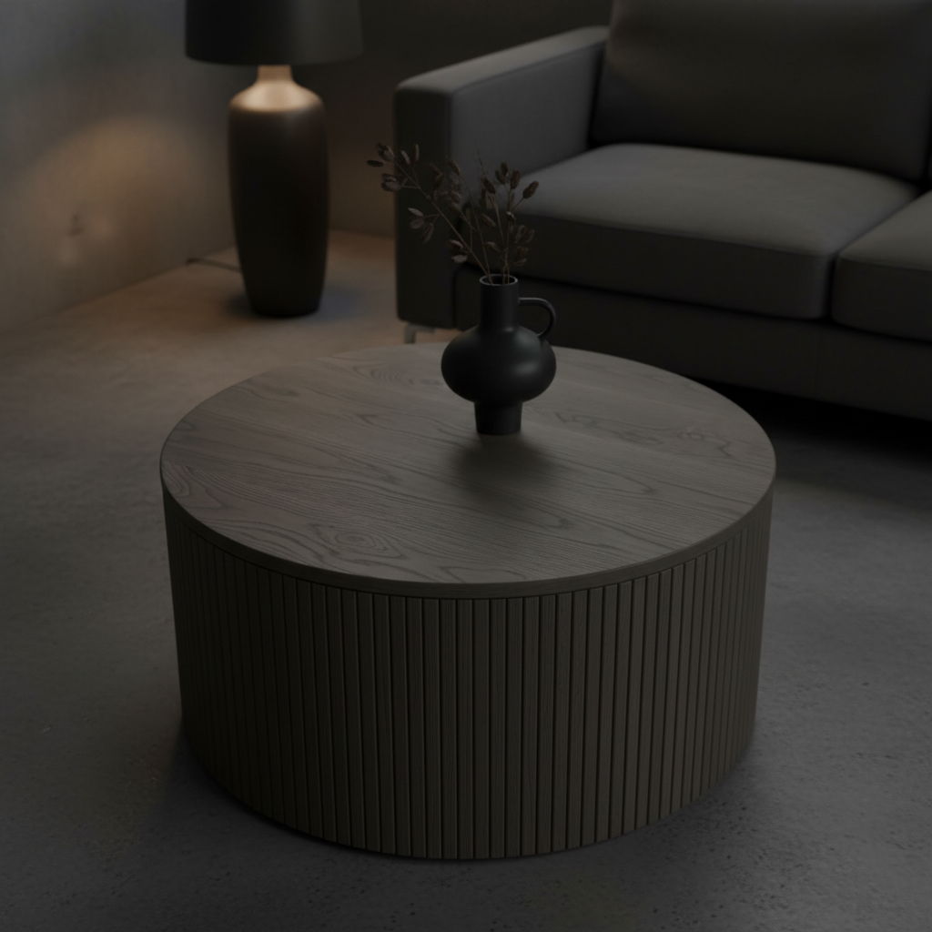 TRENZY Fluted Round Coffee Table Smoked Oak overhead top view
