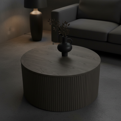 TRENZY Fluted Round Coffee Table Smoked Oak overhead top view