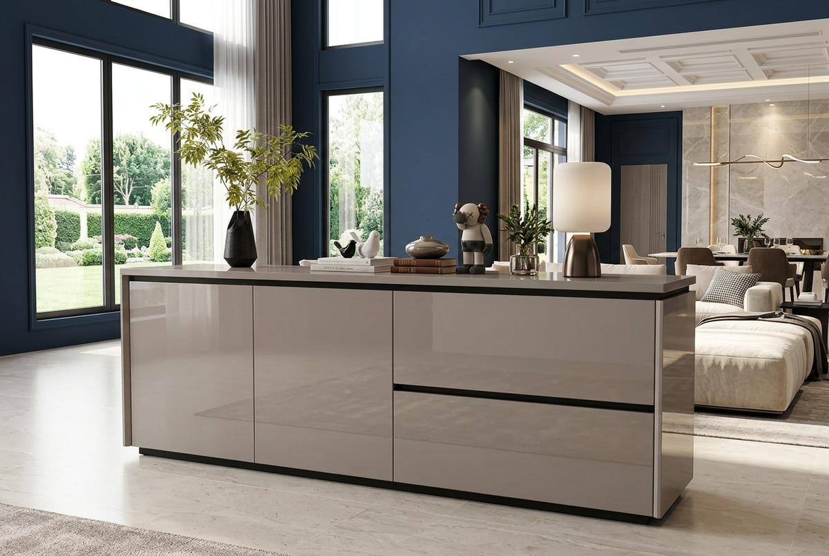 Congo gloss sideboard styled in a deep-blue open-plan luxury house