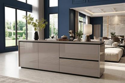 Congo gloss sideboard styled in a deep-blue open-plan luxury house