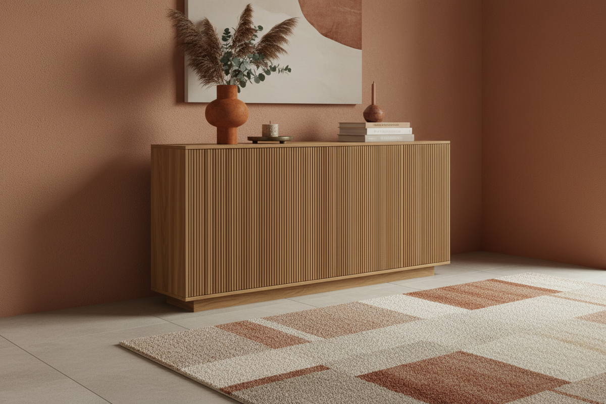 Natural oak half-round fluted sideboard in a warm terracotta interior