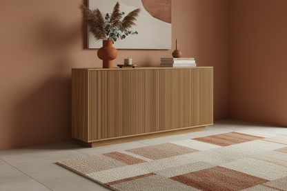 Natural oak half-round fluted sideboard in a warm terracotta interior