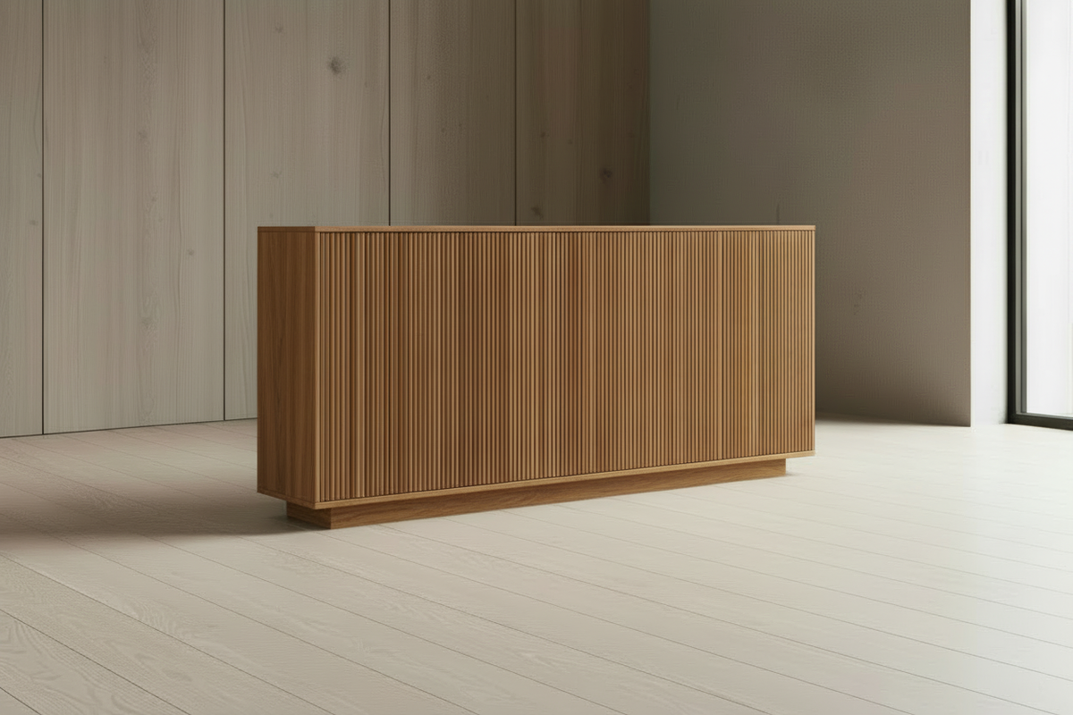 Three-quarter view of a genuine natural oak four-door half-round fluted sideboard
