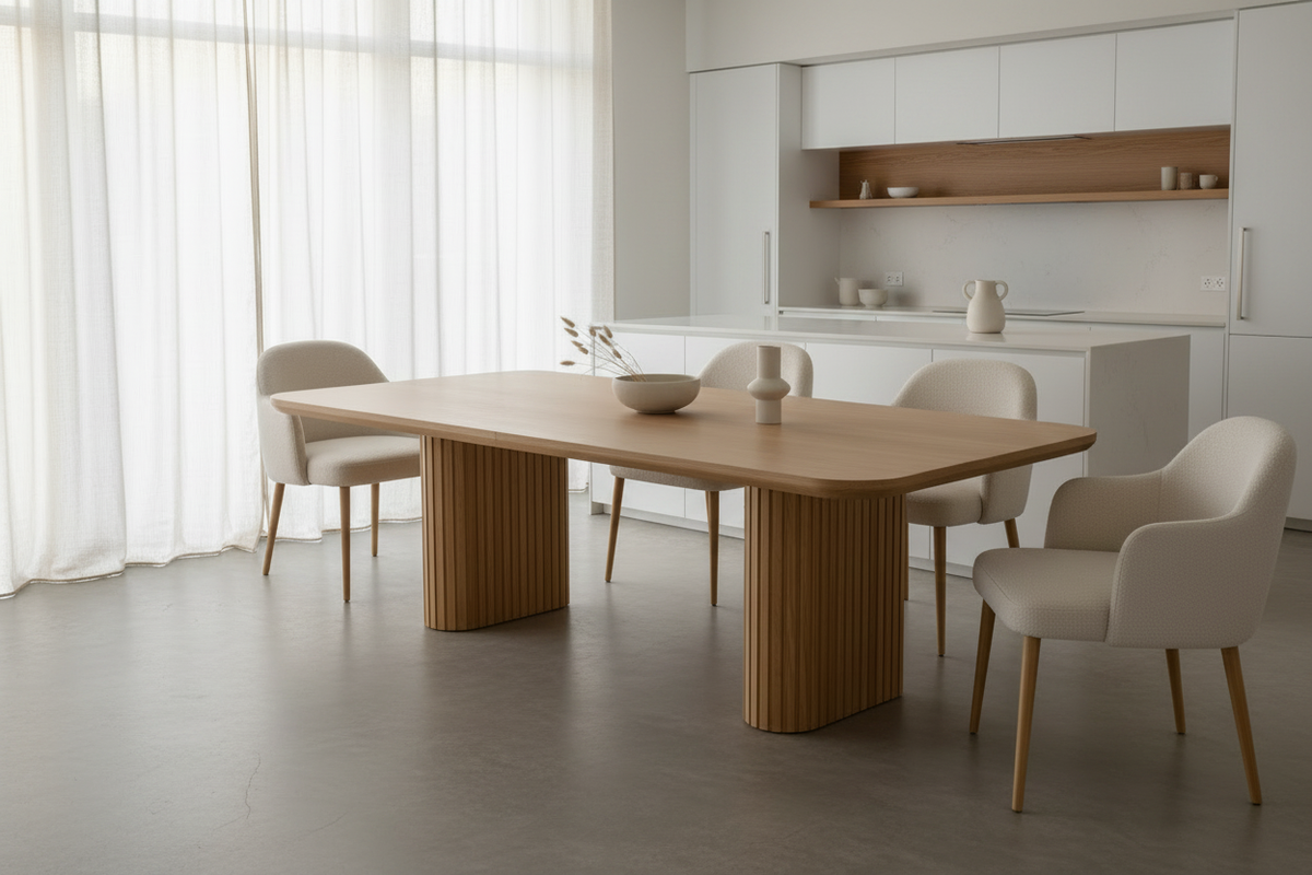 TRENZY Curve Ribbed Dining Table — open-plan kitchen-dining lifestyle