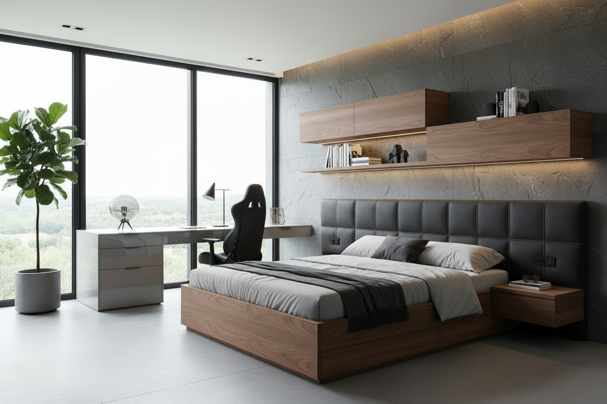 TRENZY BLOCK Platform Bed — Oak & Charcoal — lifestyle teen bedroom