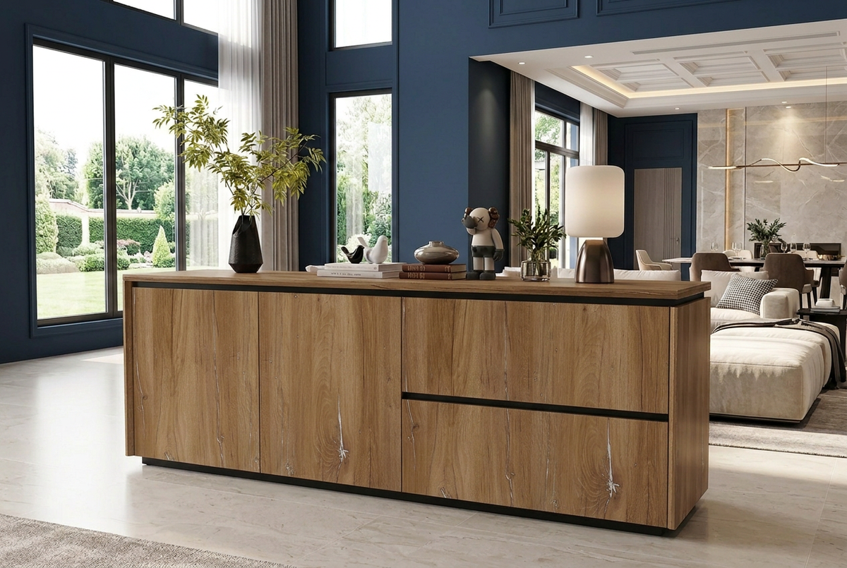 Banbridge sideboard in a deep-blue open-plan room