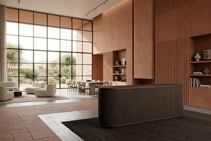 Espresso sideboard with slim half-round flutes in a terracotta interior