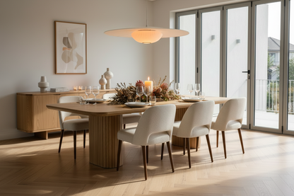TRENZY Curve Ribbed Dining Table — dinner party setting, set for 8