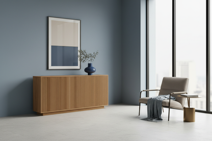 Natural oak half-round fluted sideboard in a sophisticated blue interior