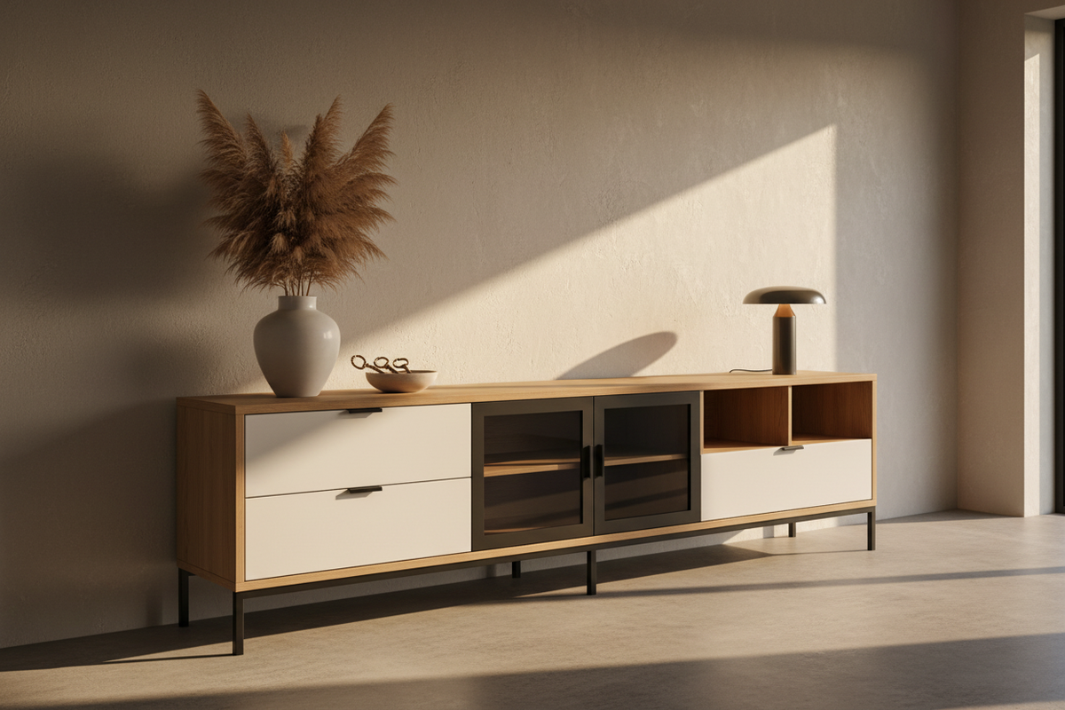 TRENZY Harbour Wide Sideboard — lifestyle in entrance hallway with pampas arrangement