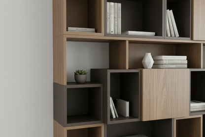 TRENZY Floor-to-Ceiling Modular Shelving — close-up lifestyle with ceramics