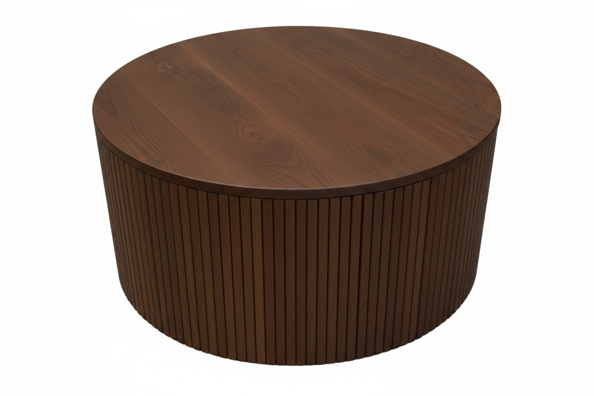 TRENZY Fluted Round Coffee Table Walnut-Stained Oak white background catalogue