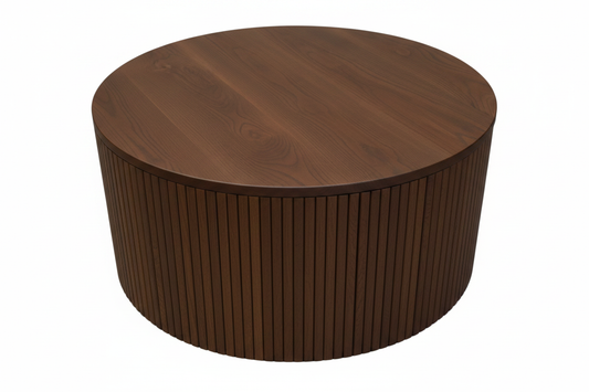 TRENZY Fluted Round Coffee Table Walnut-Stained Oak white background catalogue