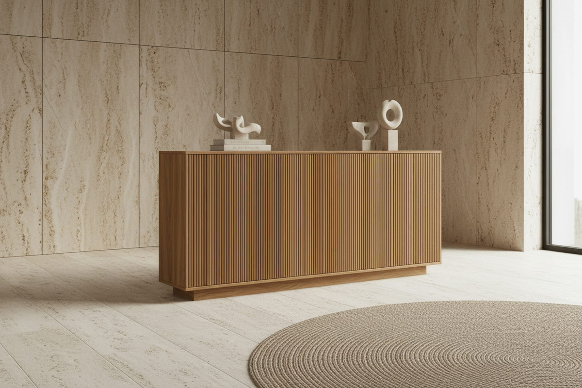 Natural oak half-round fluted sideboard in a stone-toned interior
