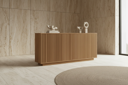 Natural oak half-round fluted sideboard in a stone-toned interior