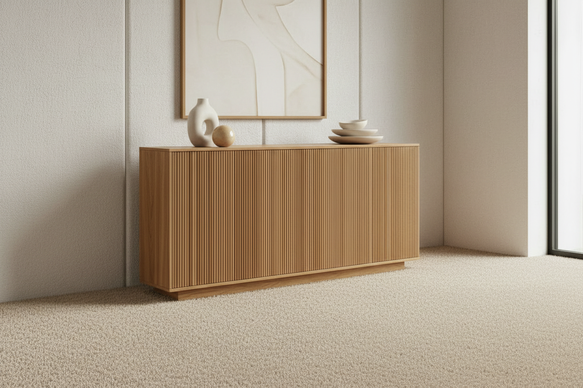 Natural oak half-round fluted sideboard in a soft white and beige interior