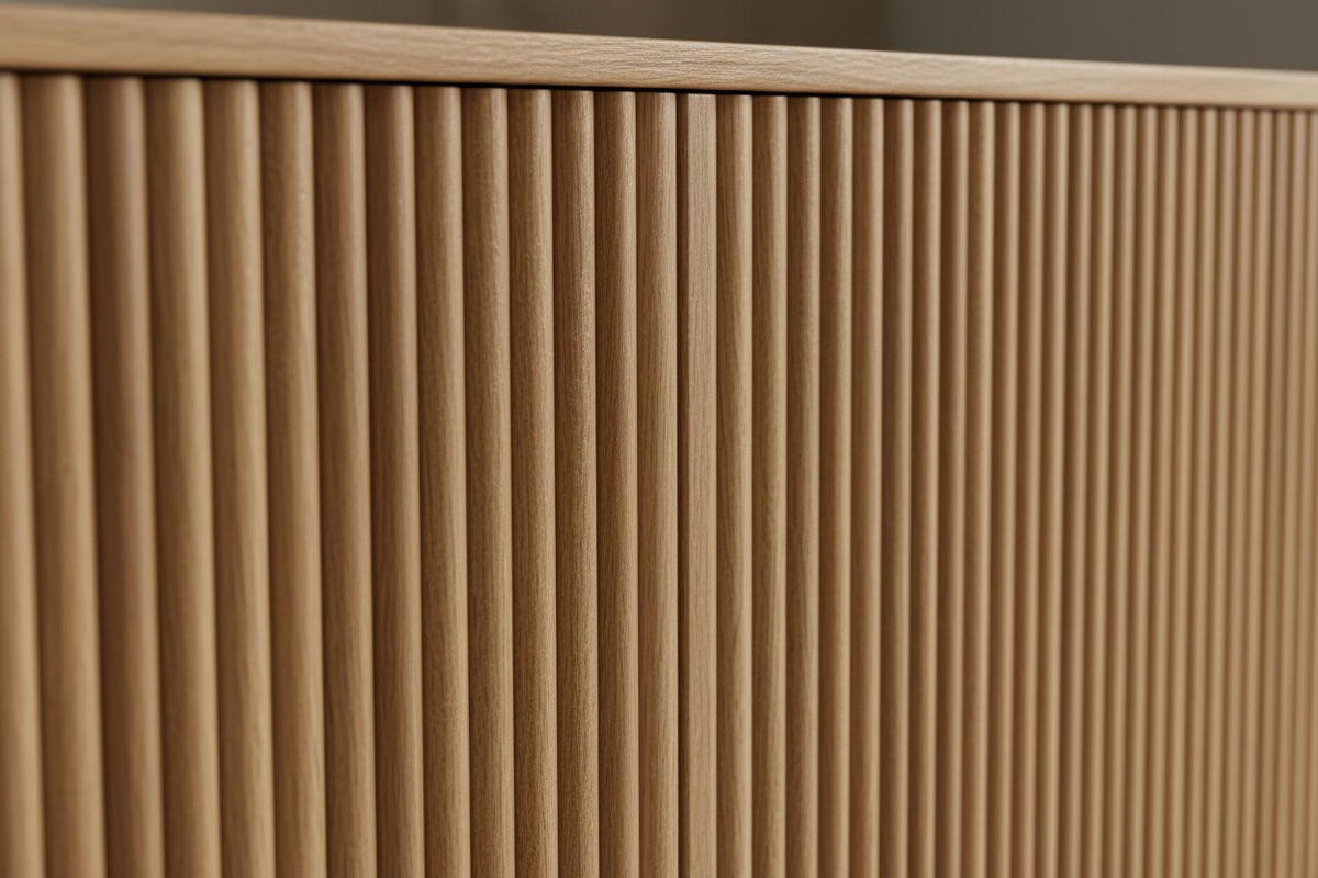 Close-up of genuine natural oak veneer half-round fluting with no handles