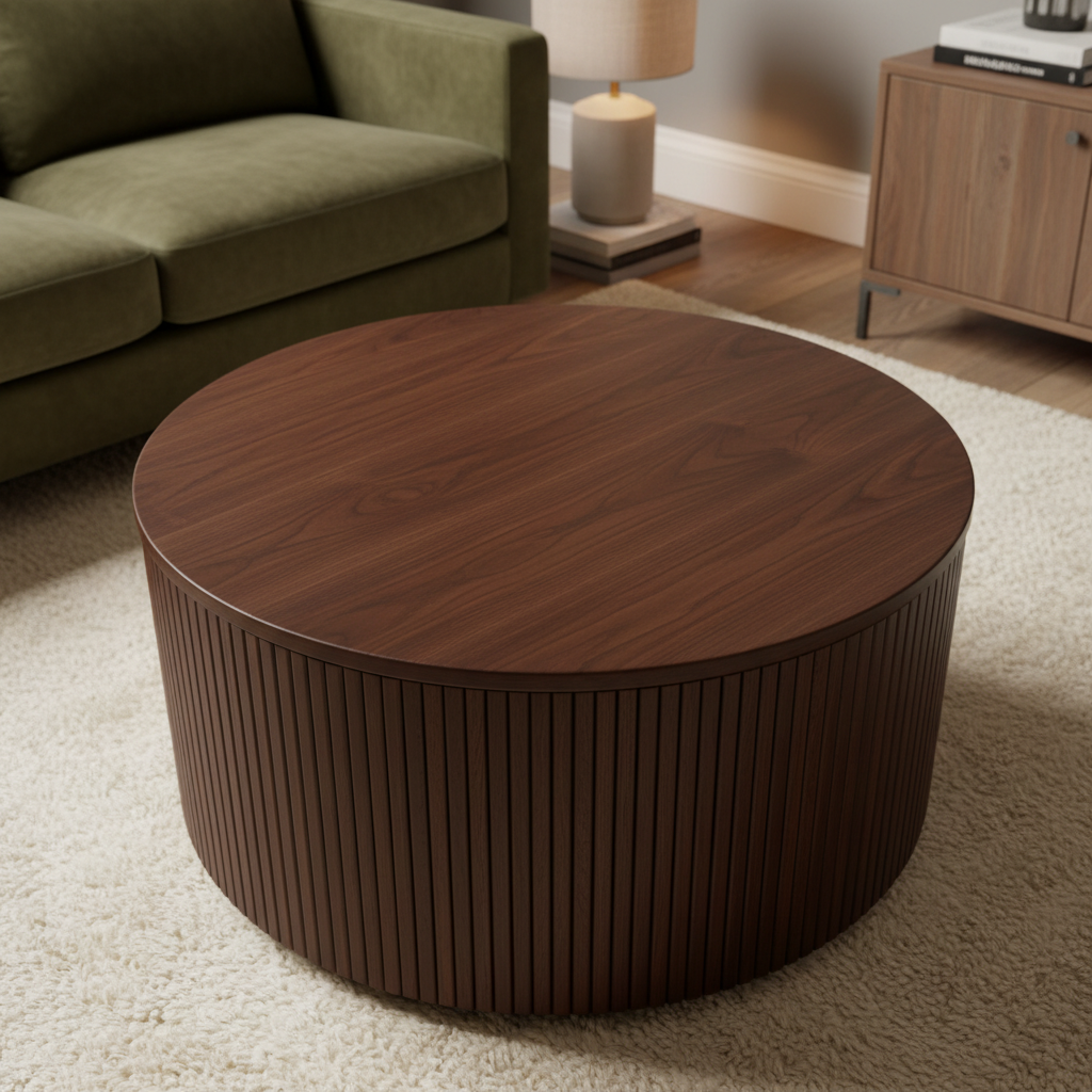 TRENZY Fluted Round Coffee Table Walnut-Stained Oak overhead top view