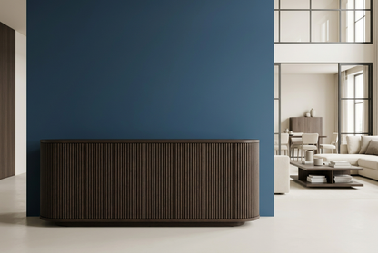 Espresso sideboard with fine half-round wood flutes in a blue interior