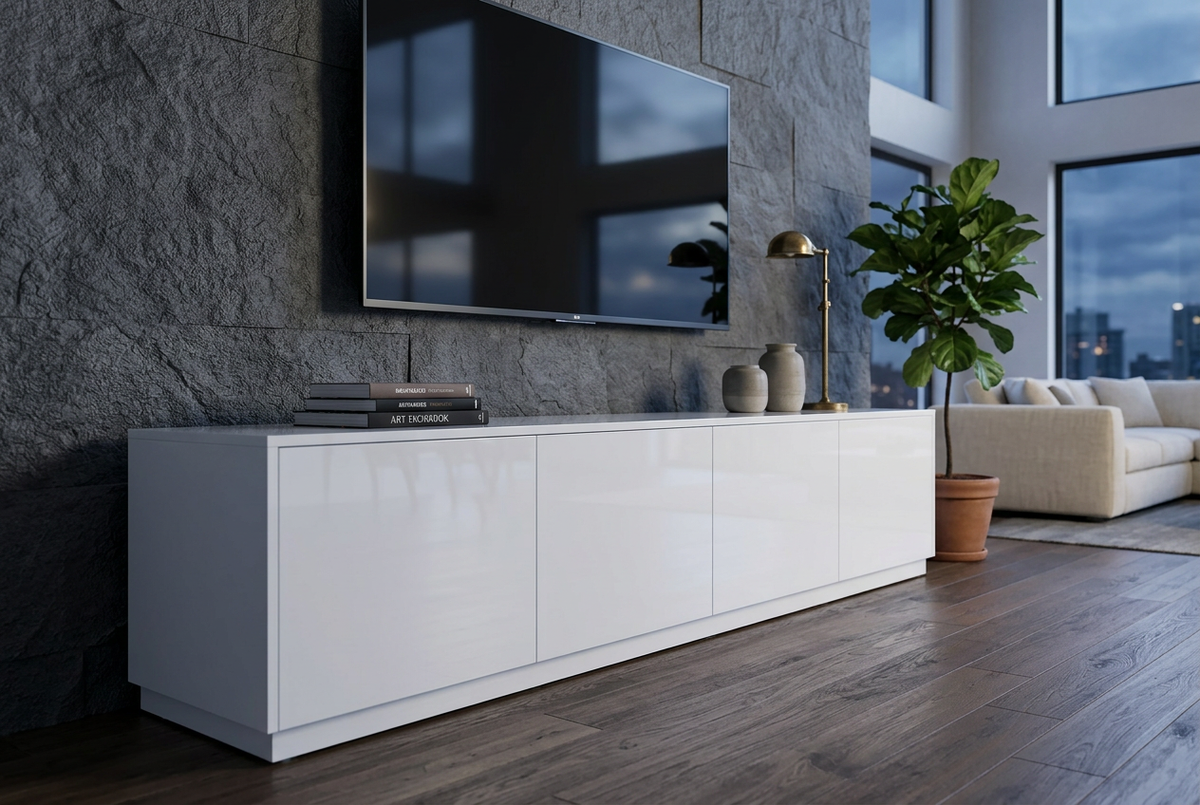 Gloss white four-door TV unit styled against charcoal stone in a moody living room