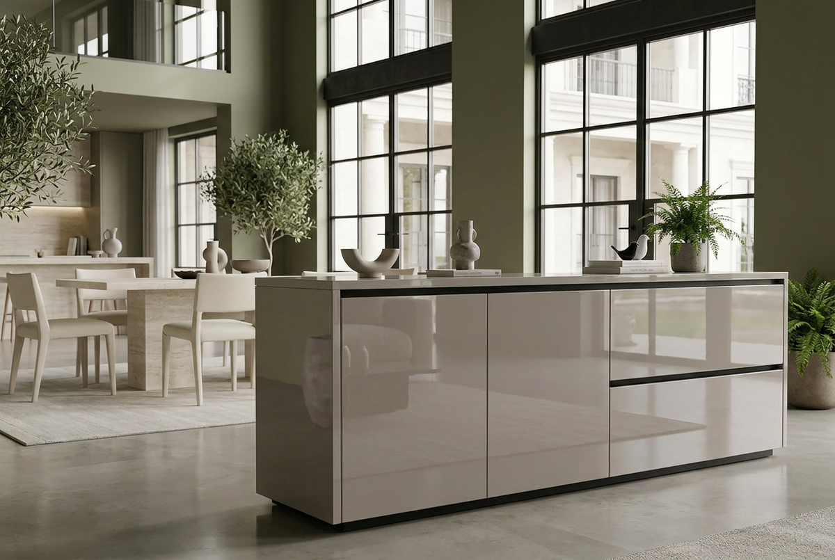 Congo gloss sideboard with black Gola trim in an olive-green luxury interior