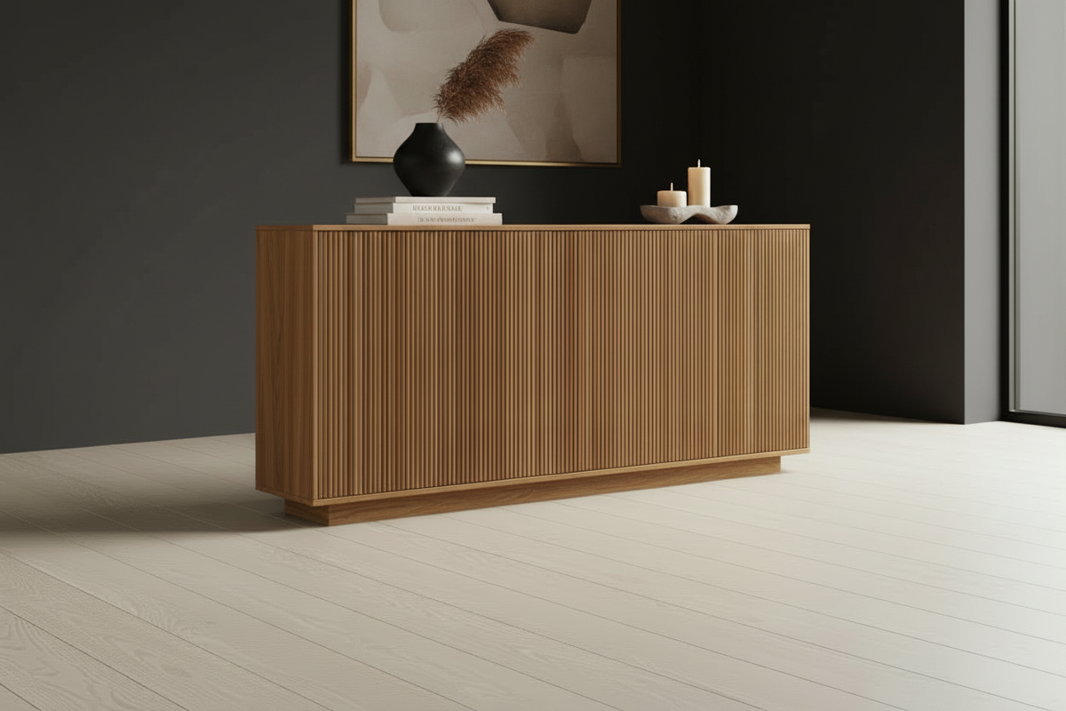 Natural oak half-round fluted sideboard in a dark moody interior