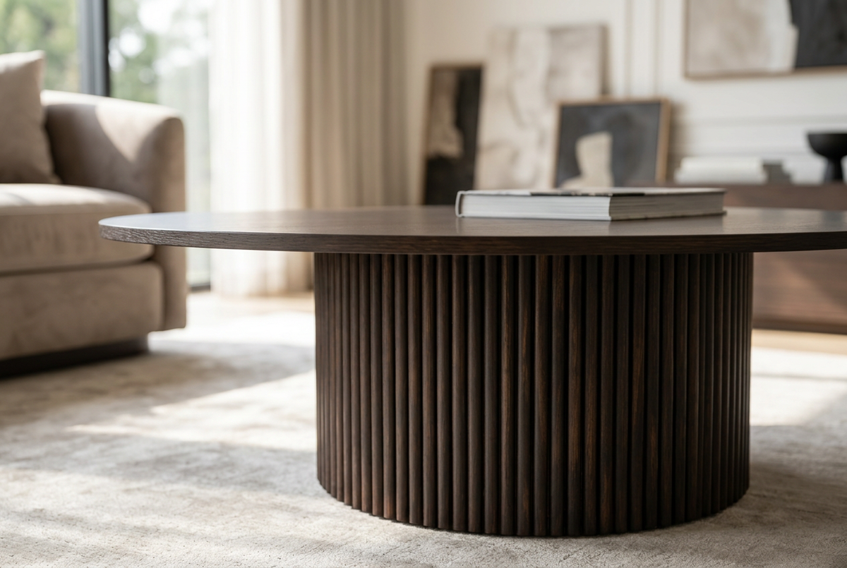 Lower-profile espresso table material detail