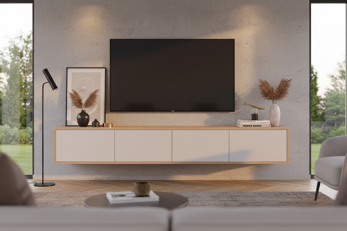 TRENZY Lux Floating Wall-Mounted TV Stand – Oak & Light Grey Gloss | 200cm