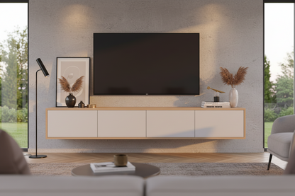 TRENZY Lux Floating Wall-Mounted TV Stand – Oak & Light Grey Gloss | 200cm