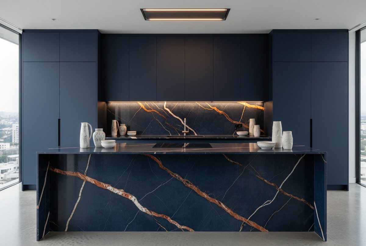 Magellano Navy Penthouse Bespoke Kitchen | TRENZY Spaces Bespoke Kitchen - angle view
