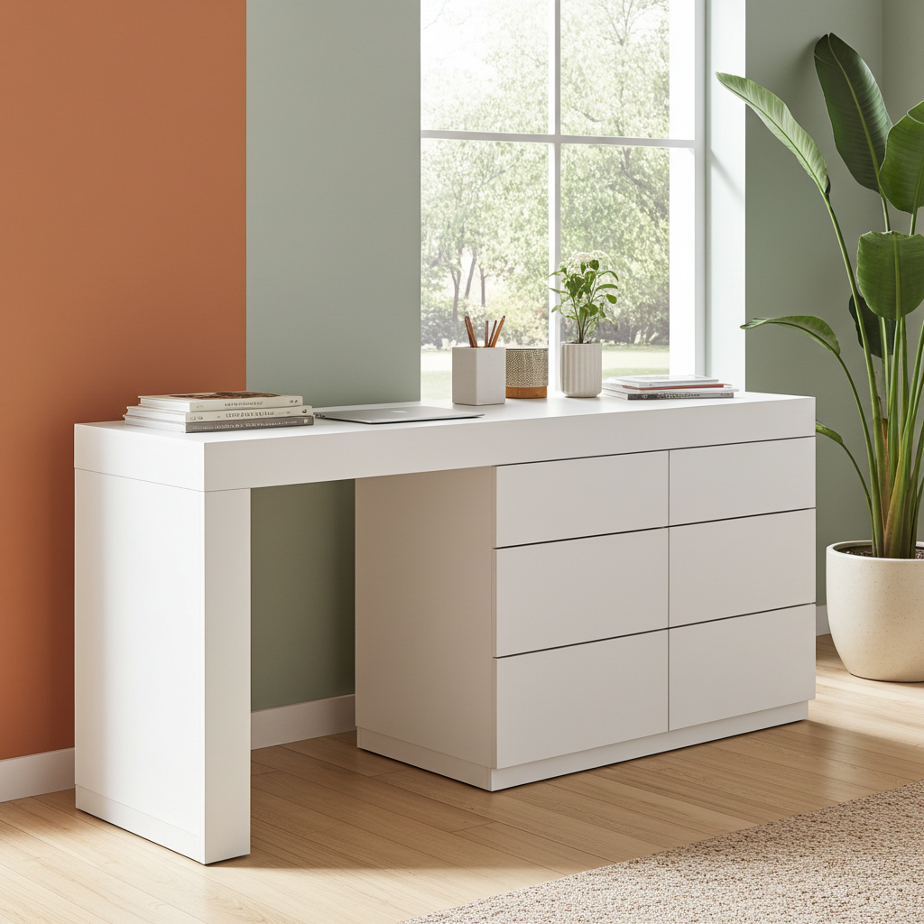 TRENZY Modern Lux Dressing Table with 6 drawers and large tabletop in a contemporary bedroom setting