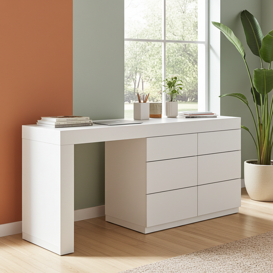 TRENZY Modern Lux Dressing Table with 6 drawers and large tabletop in a contemporary bedroom setting