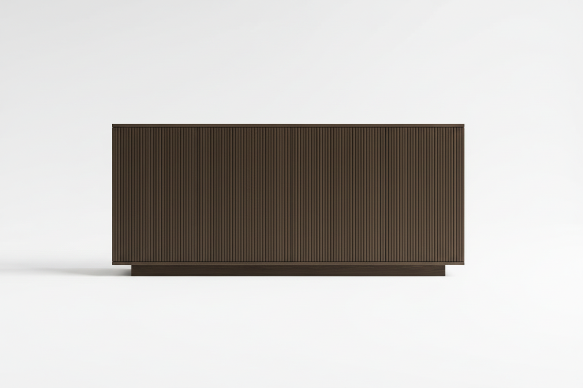 A modern rectangular sideboard or credenza with a dark brown fluted or ribbed front panel and a matching base, shown against a clean white studio background.