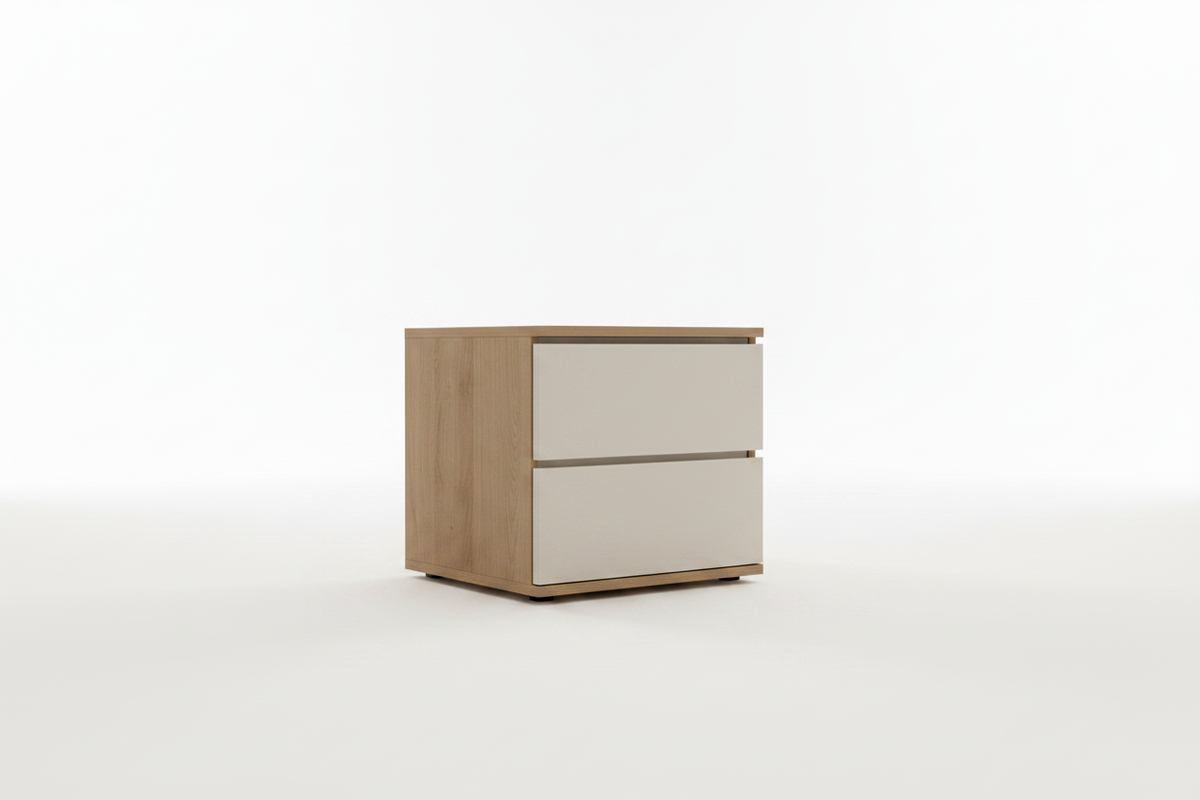 TRENZY Bedside Pedestal II – Muidan & Kalstard Oak Bedside Pedestal - styled in room