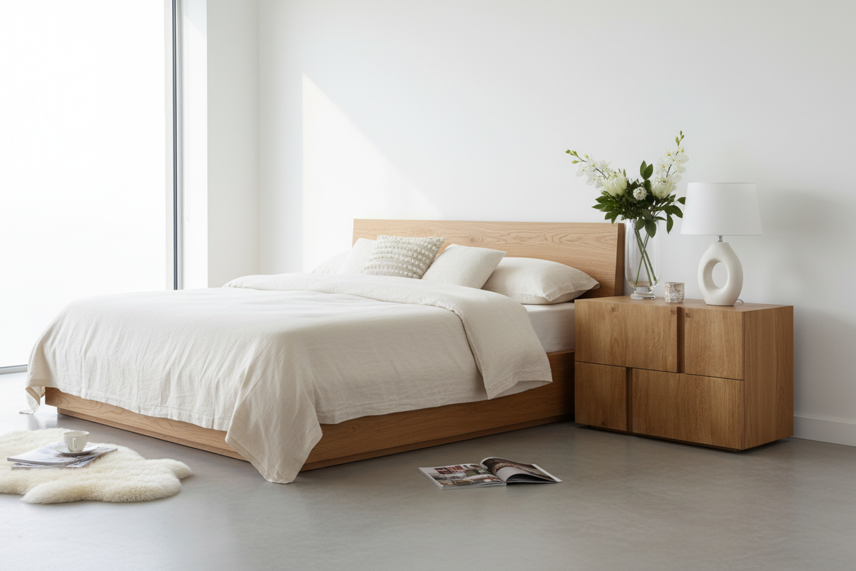TRENZY Bedside Pedestal Pair with Drawers | Karlstad Oak Veneer Bedside Pedestal - shown in context