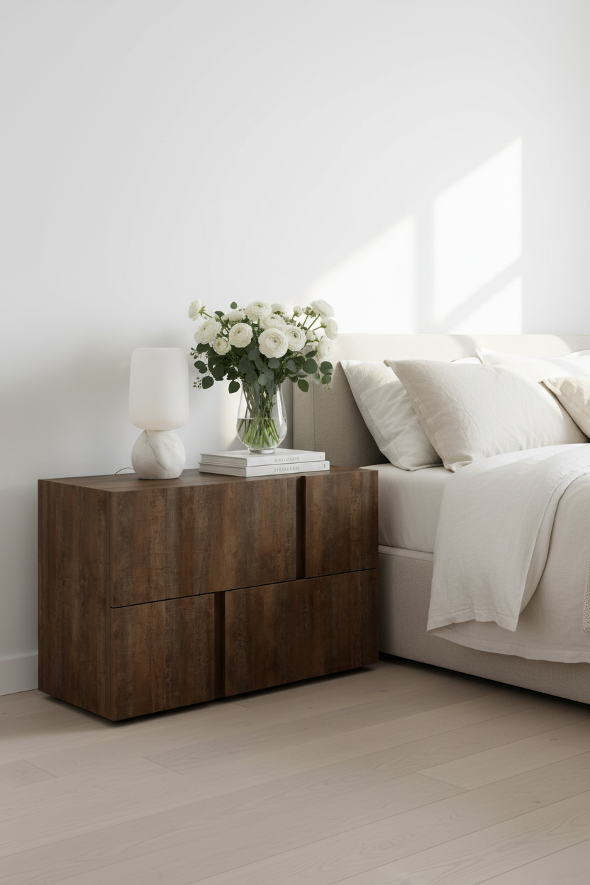 TRENZY Block Bedside Pedestal Pair – Napoca Veneer Bedside Pedestal - installed