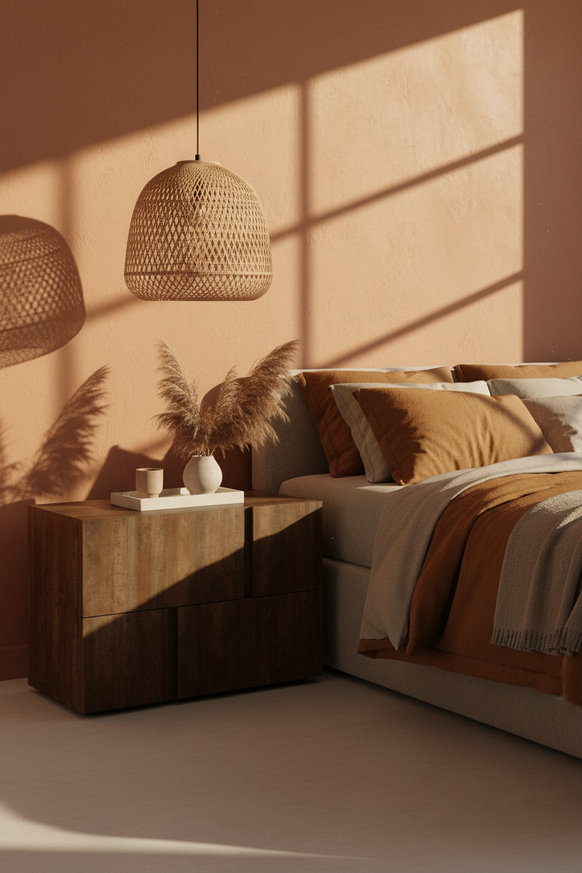 TRENZY Block Bedside Pedestal Pair – Napoca Veneer Bedside Pedestal - styled in room