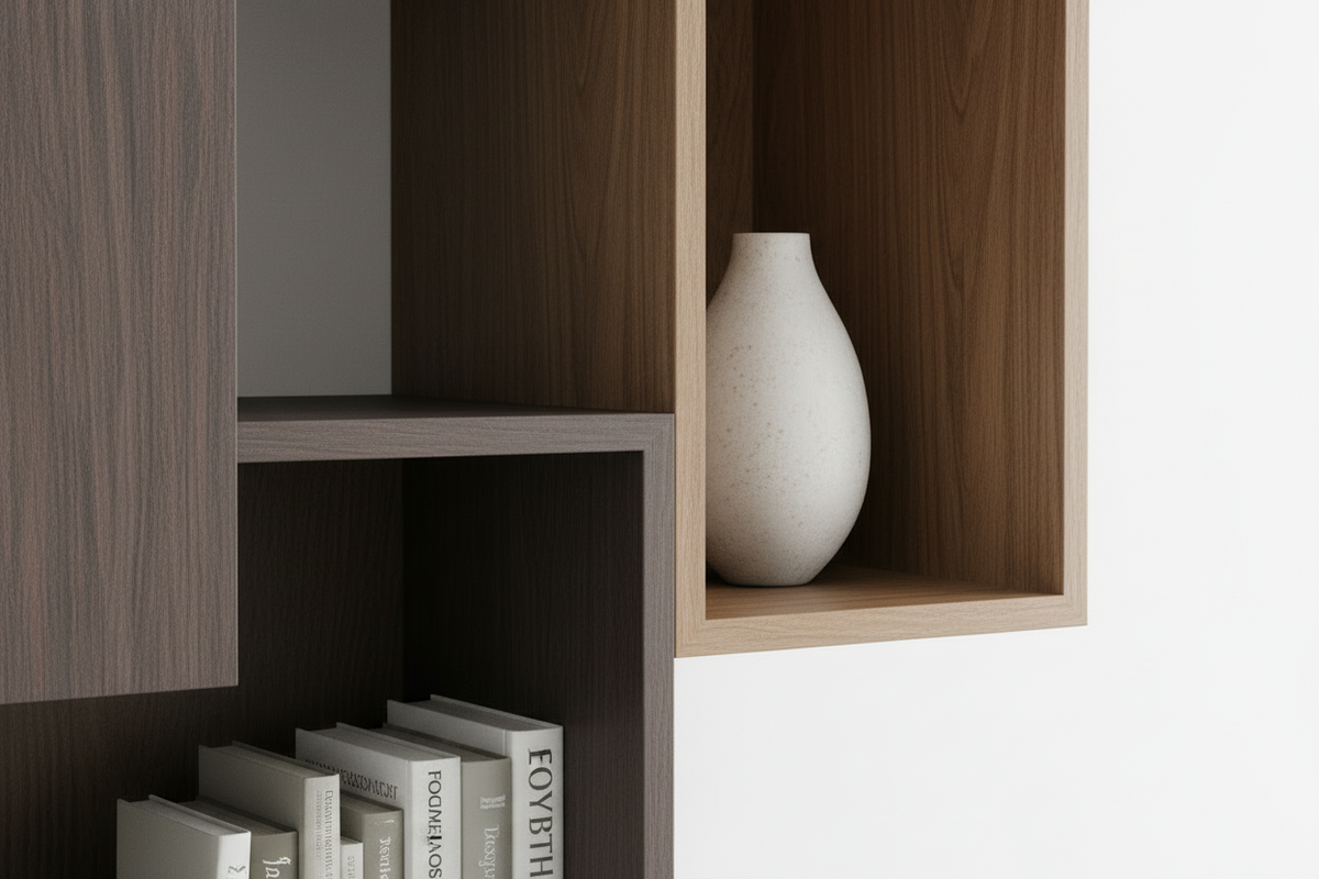 TRENZY BLOCK Modular Shelf Unit — Dark Espresso + Oak Shelving - installed
