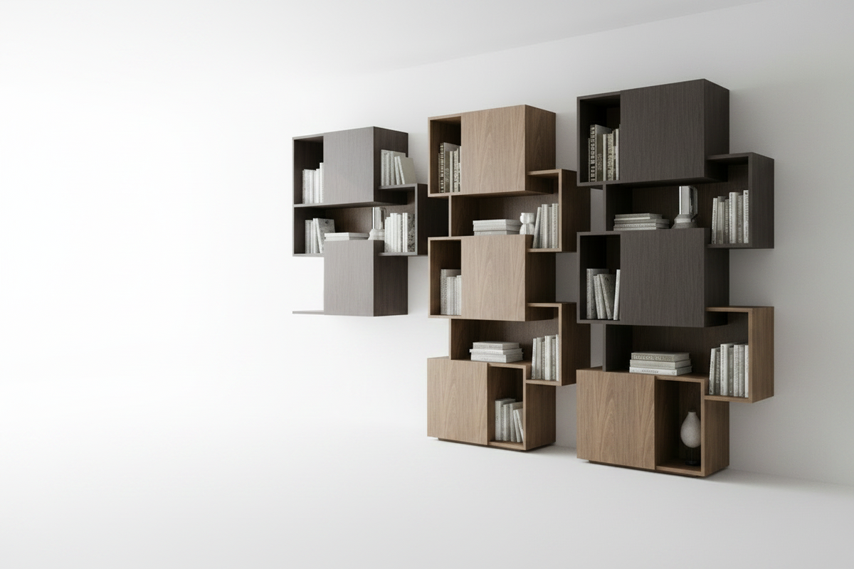 TRENZY BLOCK Modular Shelf Unit — Dark Espresso + Oak Shelving - styled in room