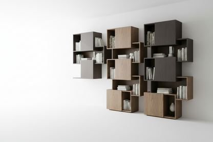 TRENZY BLOCK Modular Shelf Unit — Dark Espresso + Oak Shelving - styled in room