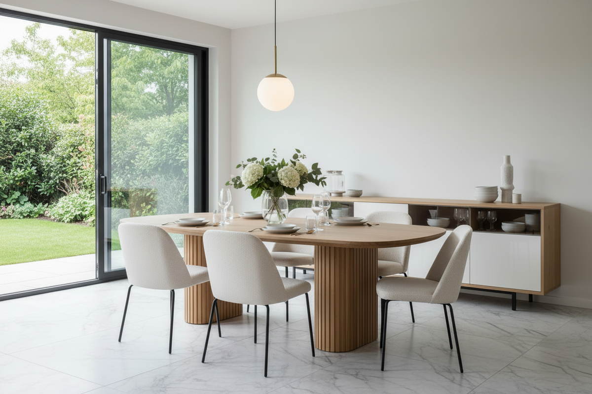 TRENZY BLOCK Oval Fluted Dining Table — 6 Seater Dining Table - angle view