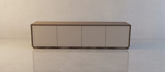 TRENZY Spaces Lux Congo-Oak TV stand with a sleek modern design, featuring light beige cabinet doors and wood frame.