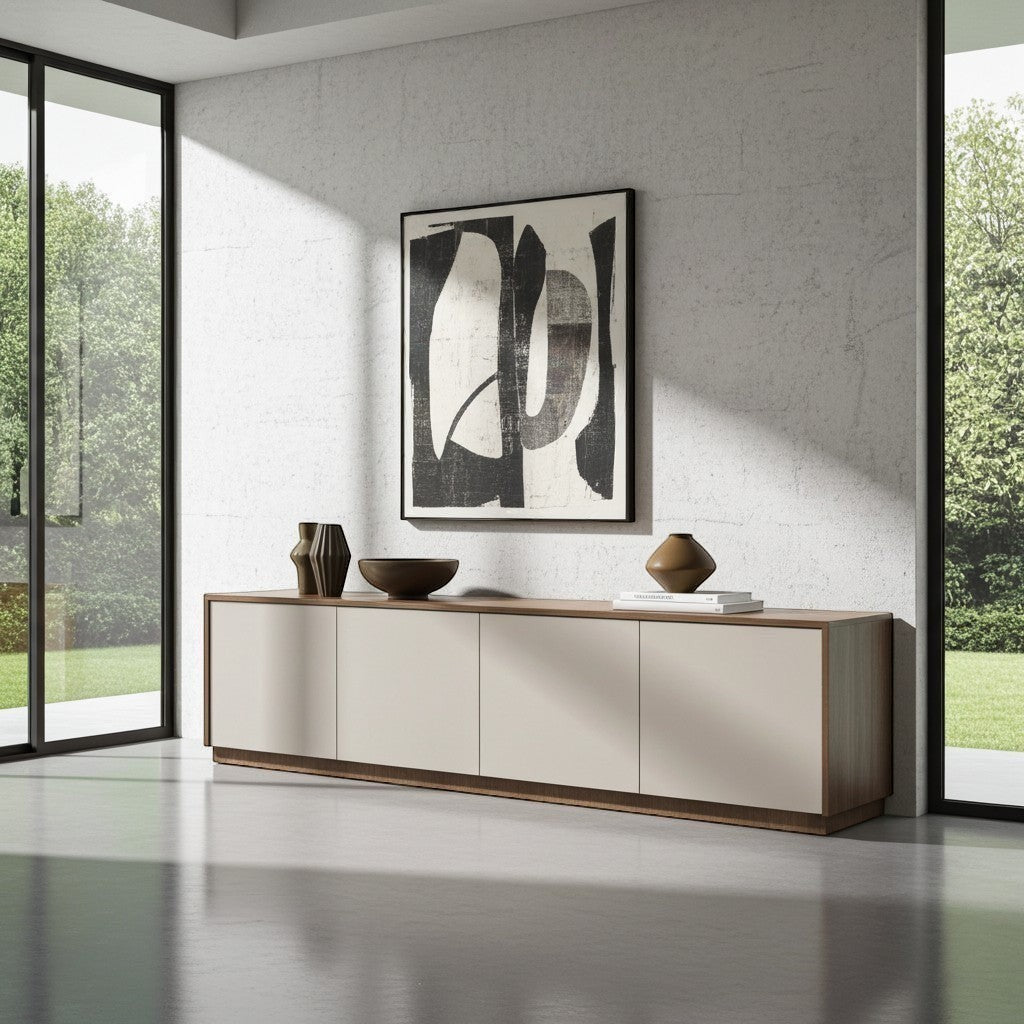 TRENZY Spaces Lux Congo-Oak TV stand with a sleek beige cabinet and wood frame in a modern minimalist living room.