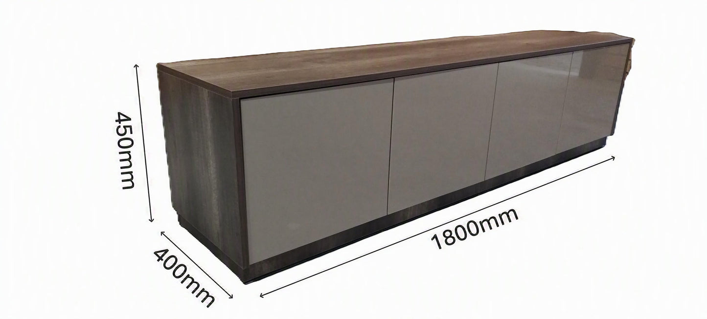 TRENZY Spaces Lux Congo-Oak TV stand with four cabinet doors and dimensions shown in a minimalist modern style.