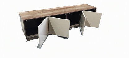 TRENZY Spaces Lux Congo-Oak TV stand with a wood grain top and four glossy cream cabinet doors in a modern design