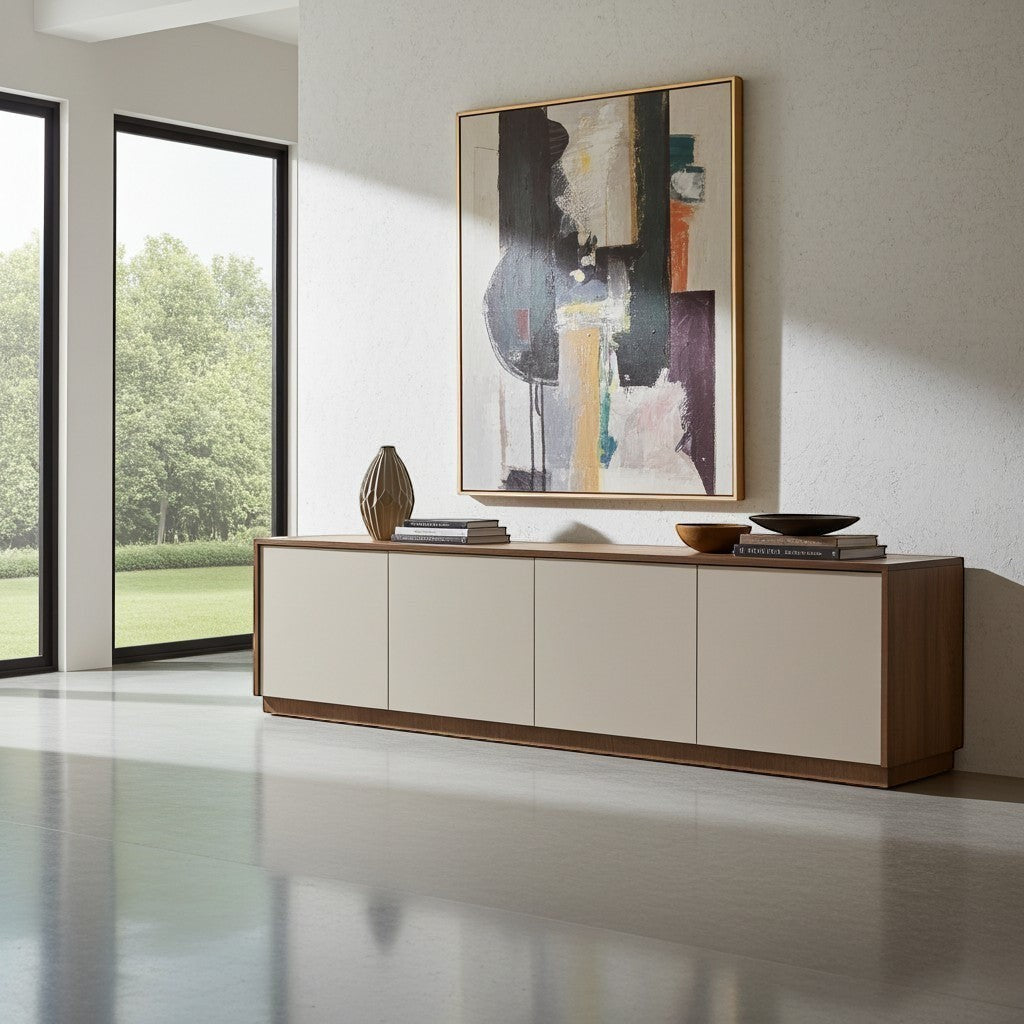TRENZY Spaces Lux Congo-Oak TV stand with beige doors and wood frame in a modern minimalist living room