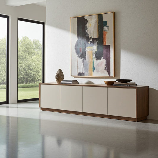 TRENZY Spaces Lux Congo-Oak TV stand with beige doors and wood frame in a modern minimalist living room