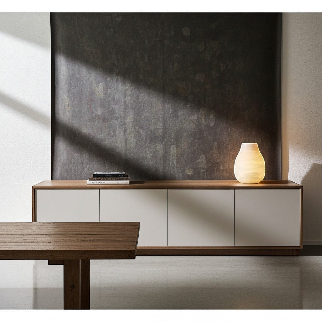 TRENZY Spaces Lux Congo-Oak TV stand with white cabinet doors and wood frame in a modern minimalist living room